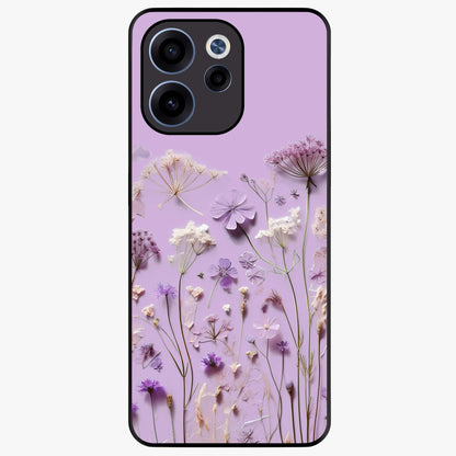 Lavender Blossom Dream Glass Case showing flat back view with soft lavender floral artwork and glossy glass finish.