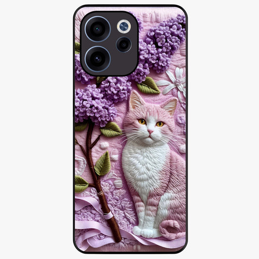 Lavender Cat Whimsy Glass Case showing flat back view with cute lavender cat artwork and glossy glass finish.