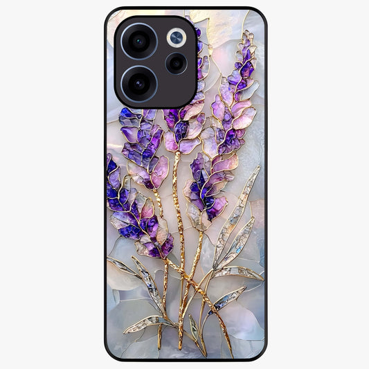 Lavender Dream Glow Glass Case showing flat back view with glowing lavender aesthetic artwork and glossy glass finish.