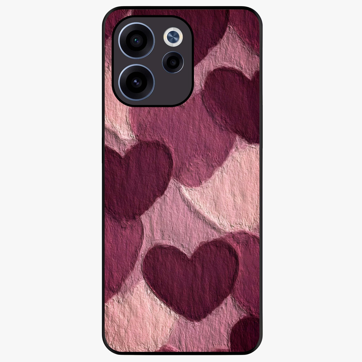 Layered Paper Hearts Glass Case showing flat back view with layered paper heart artwork and glossy glass finish.