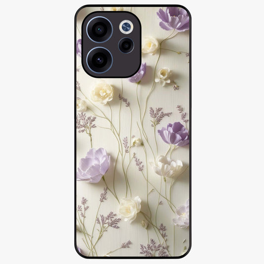 Lilac Breeze Harmony Glass Case showing flat back view with soft lilac themed artwork and glossy glass finish.