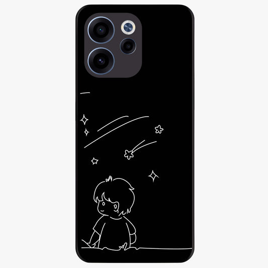 Line Art Boy With Shooting Stars Glass Case showing flat back view with minimal line art boy and shooting stars illustration and glossy glass finish.