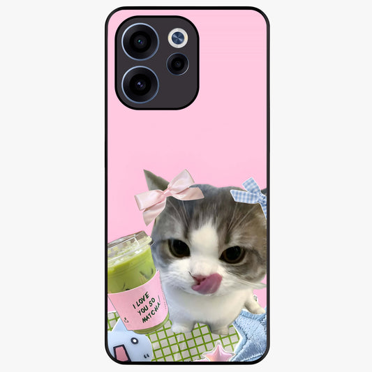 Love Matcha Cat Glass Case showing flat back view with cute cat and matcha themed artwork and glossy glass finish.