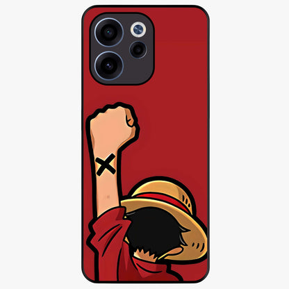 Luffy X Spirit Glass Case showing flat back view with bold anime character artwork and glossy glass finish.