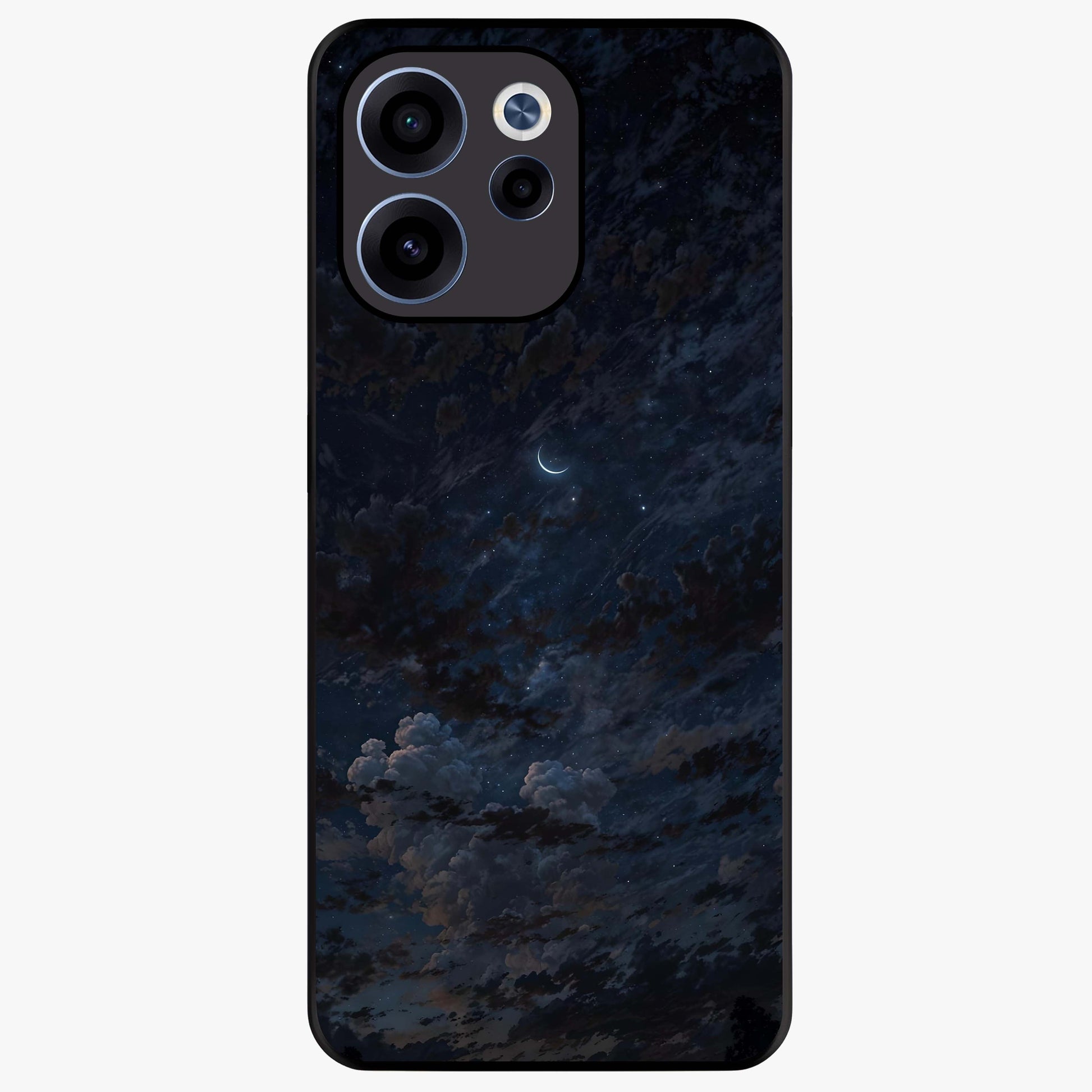Lunar Veil Silence Glass Case showing flat back view with mystical moon veil artwork and glossy glass finish.