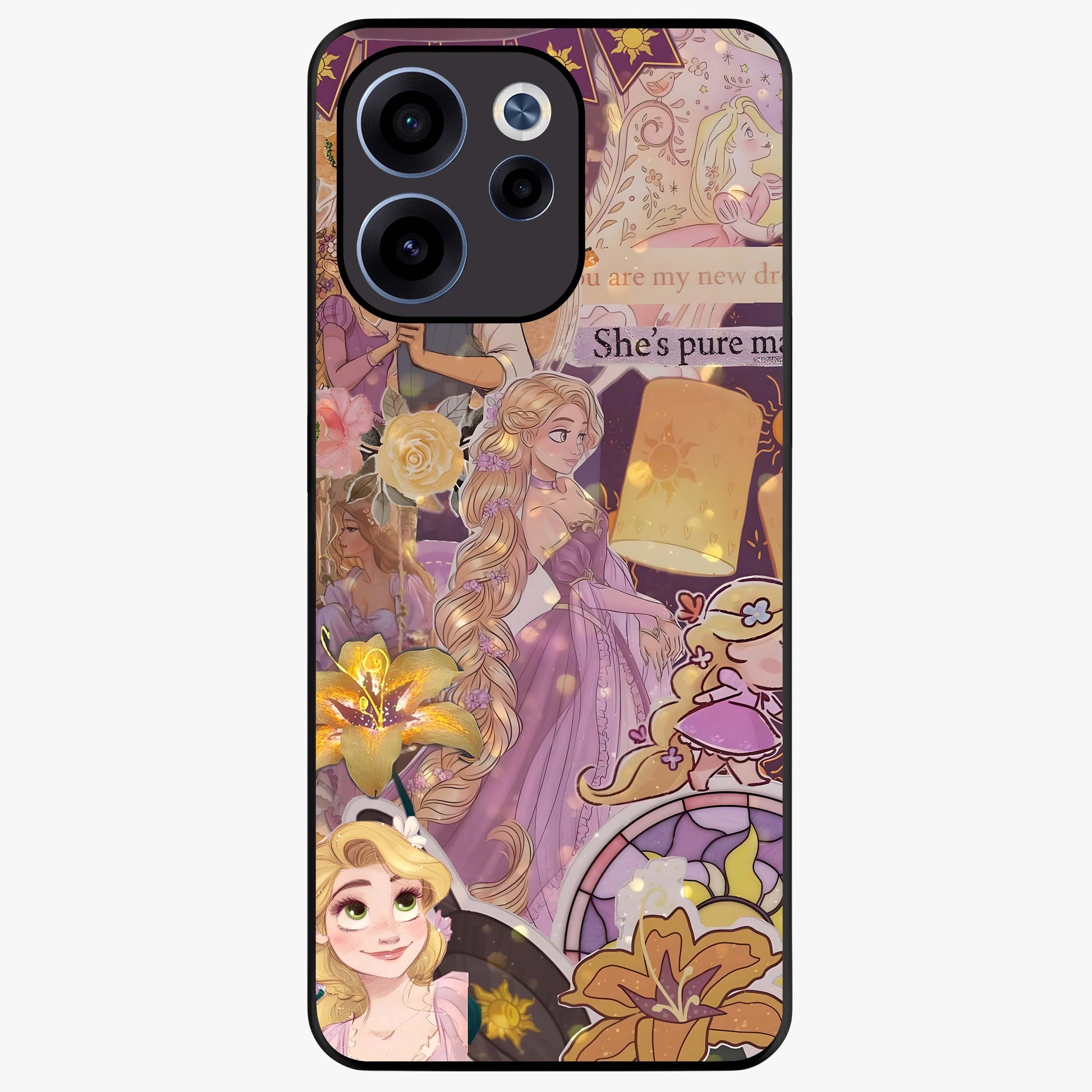 Magical Tangled Dream Glass Case showing flat back view with dreamy tangled artwork and glossy glass finish.