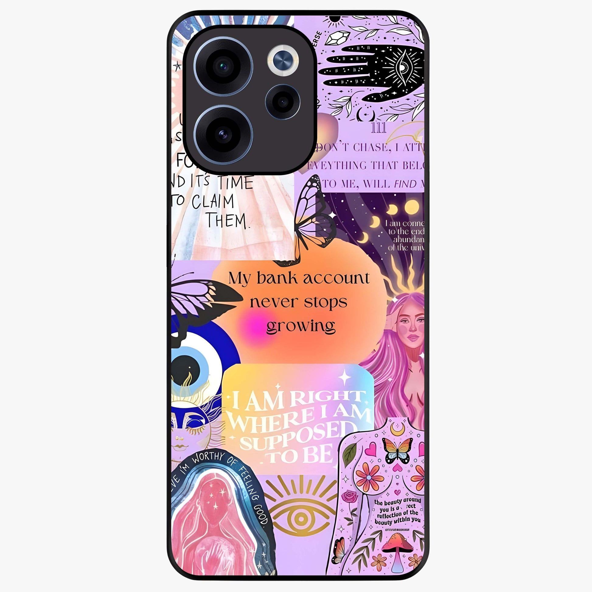 Manifestation Collage Glass Case showing flat back view with motivational collage artwork and glossy glass finish.