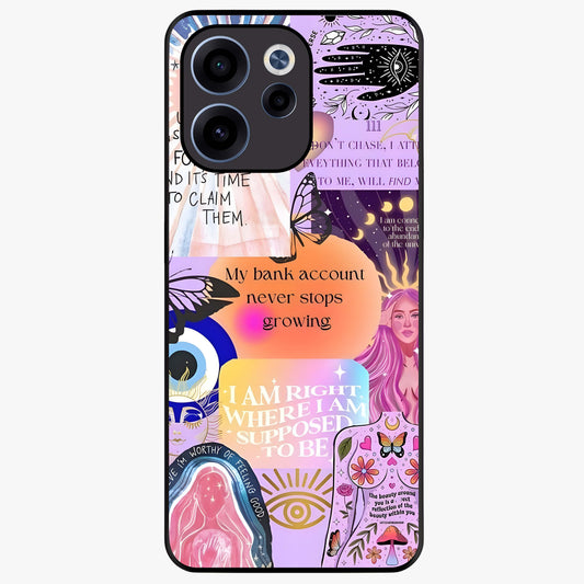 Manifestation Collage Glass Case showing flat back view with motivational collage artwork and glossy glass finish.