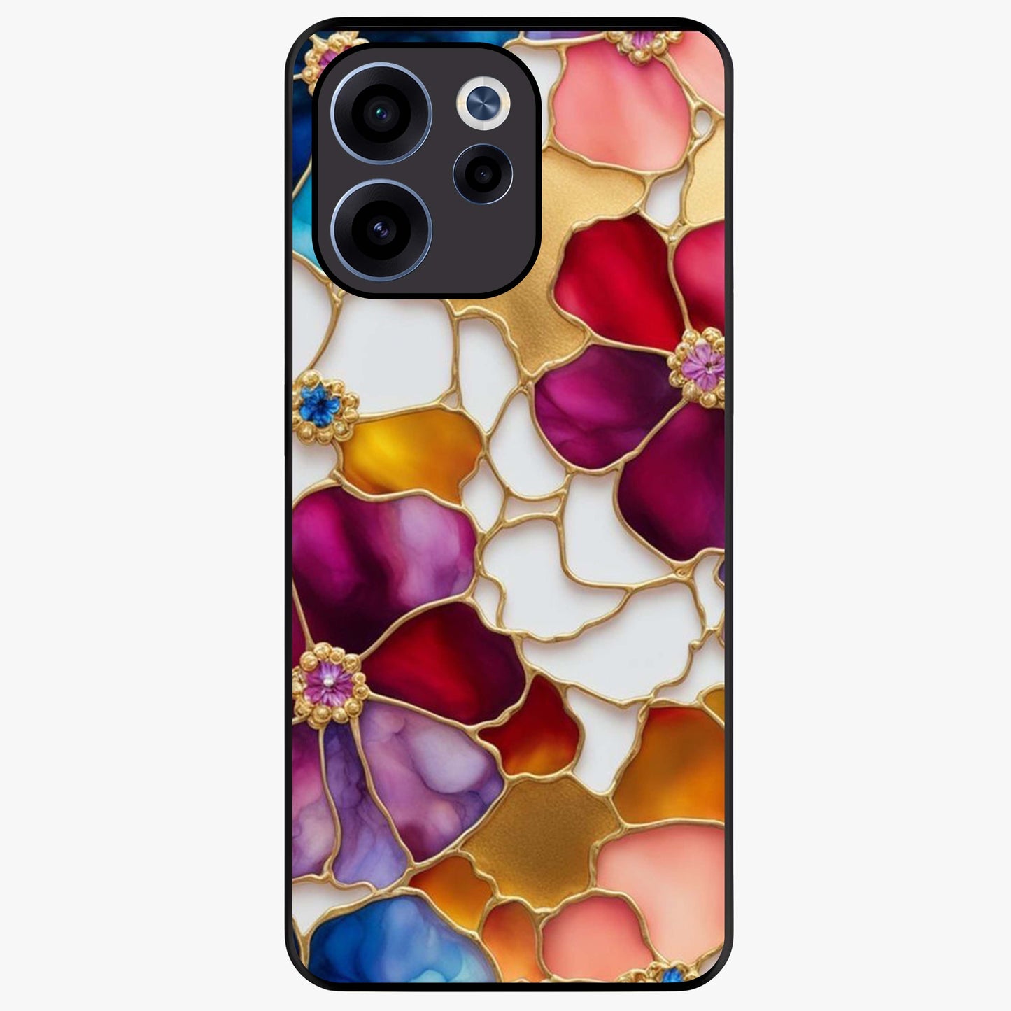 Marble Flower Pattern Glass Case showing flat back view with marble texture floral artwork and glossy glass finish.