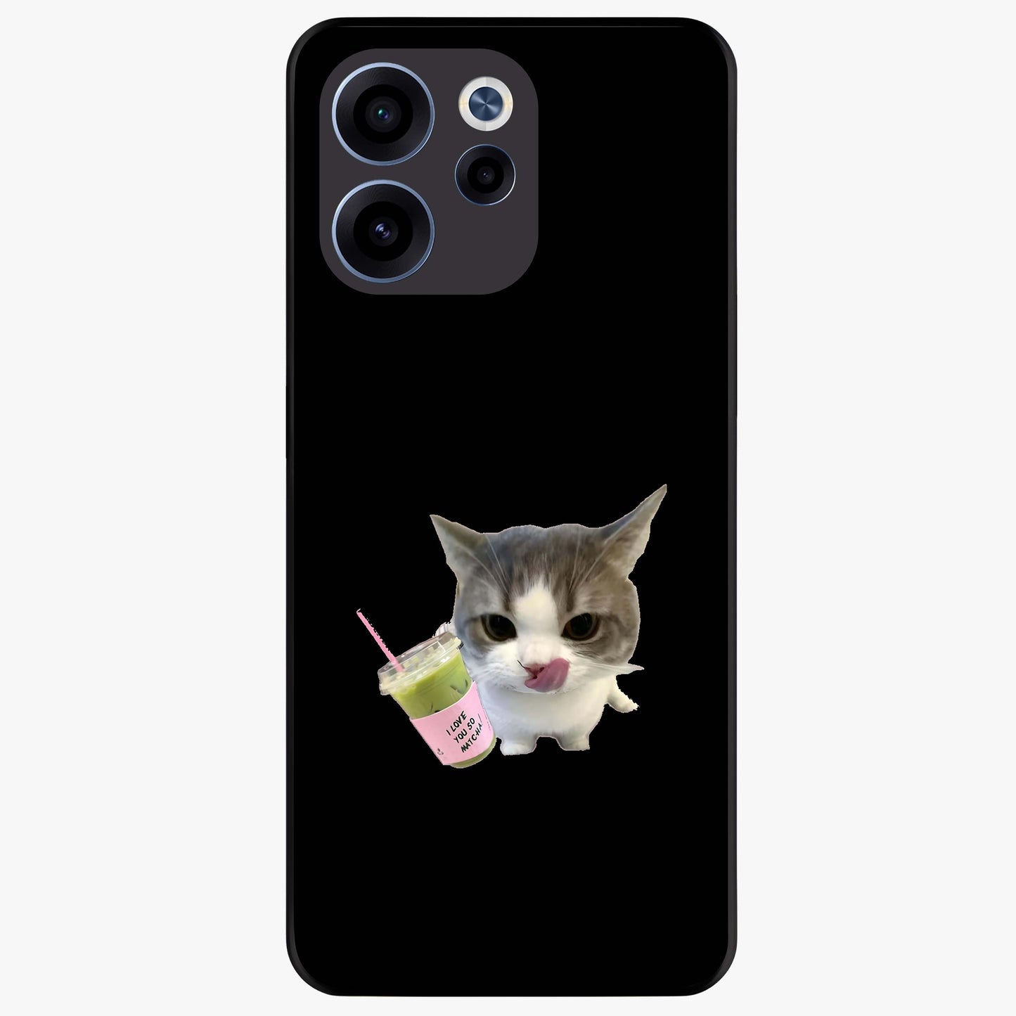 Matcha Cat Style Glass Case showing flat back view with cute matcha themed cat artwork and glossy glass finish.