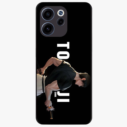 Midnight Blade Resolve Glass Case showing flat back view with dark warrior sword artwork and glossy glass finish.