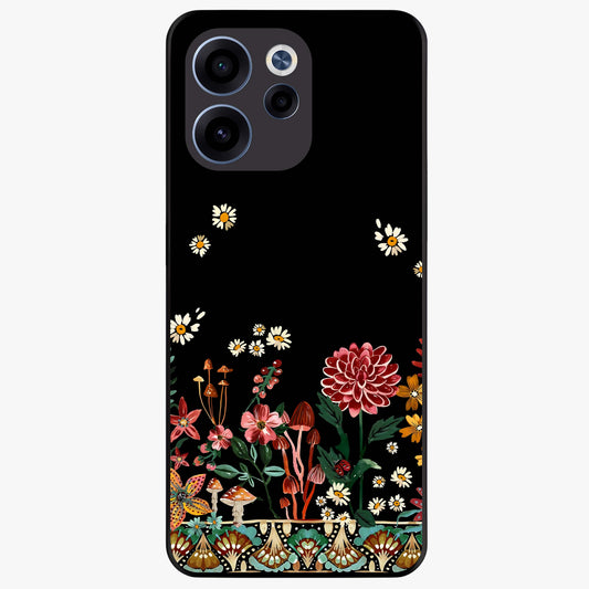 Midnight Bloom Pattern Glass Case showing flat back view with dark floral pattern artwork and glossy glass finish.