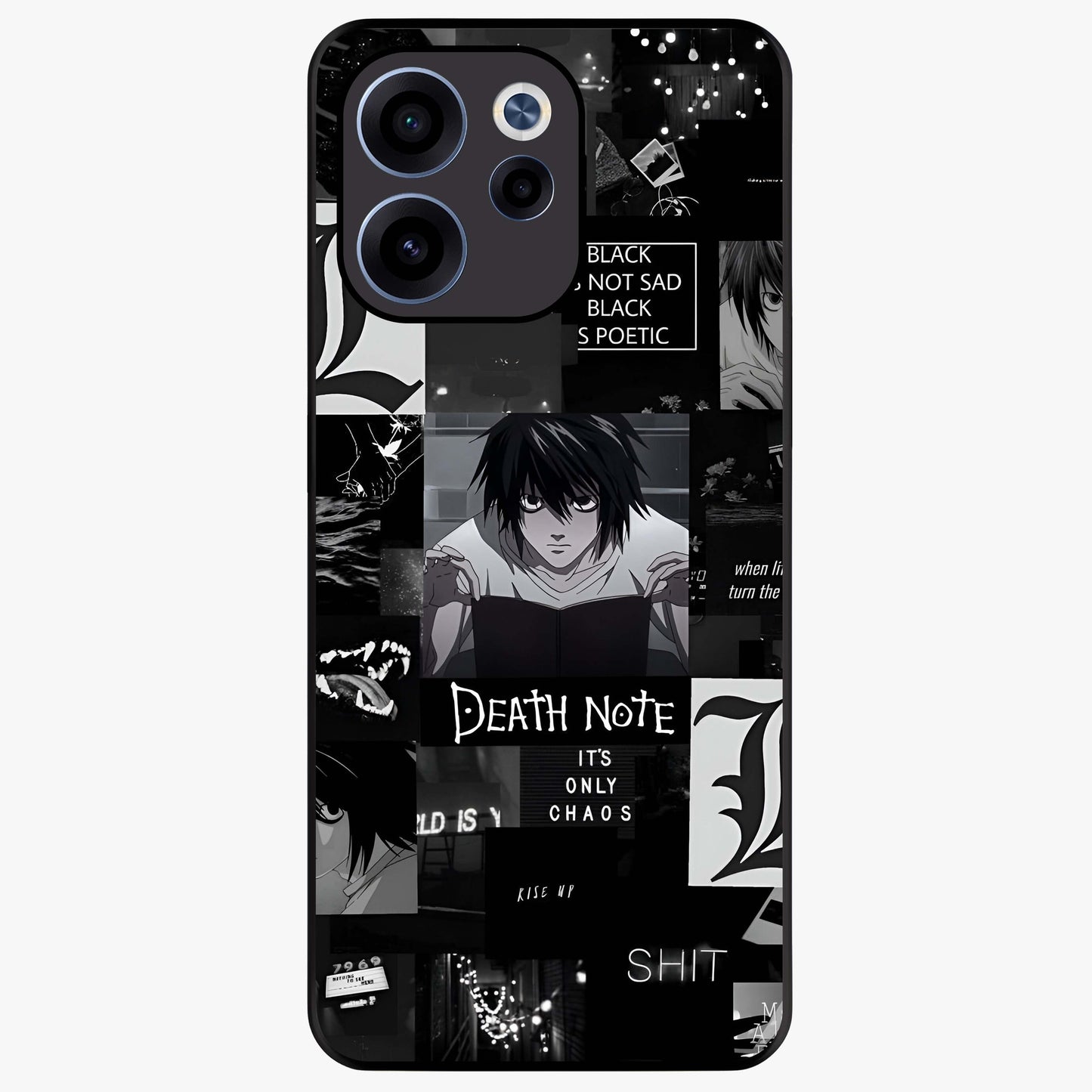 Midnight Chaos Mind Glass Case showing flat back view with abstract dark themed artwork and glossy glass finish.