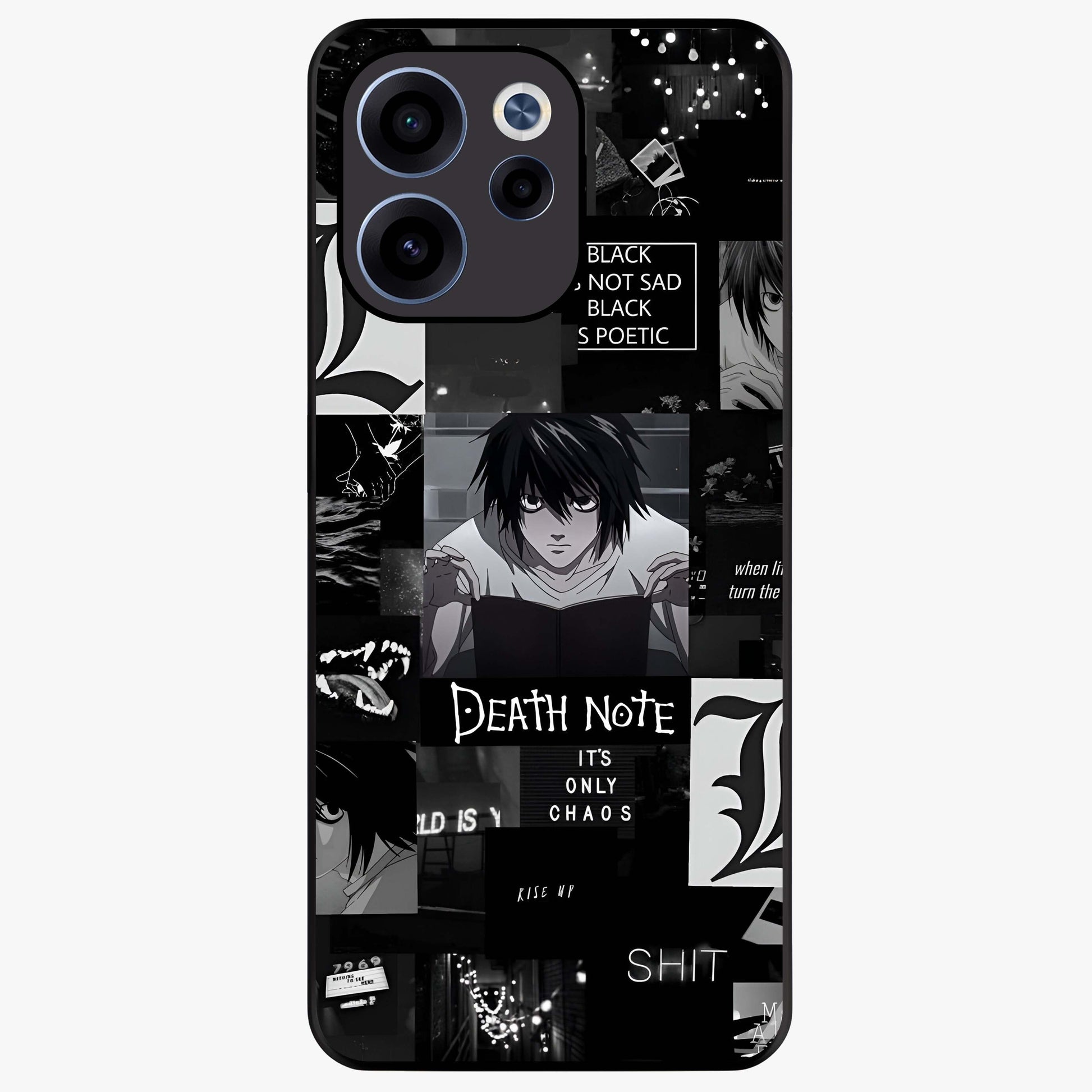 Midnight Chaos Mind Glass Case showing flat back view with abstract dark themed artwork and glossy glass finish.