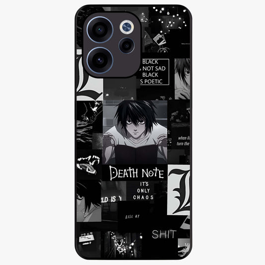 Midnight Chaos Mind Glass Case showing flat back view with abstract dark themed artwork and glossy glass finish.