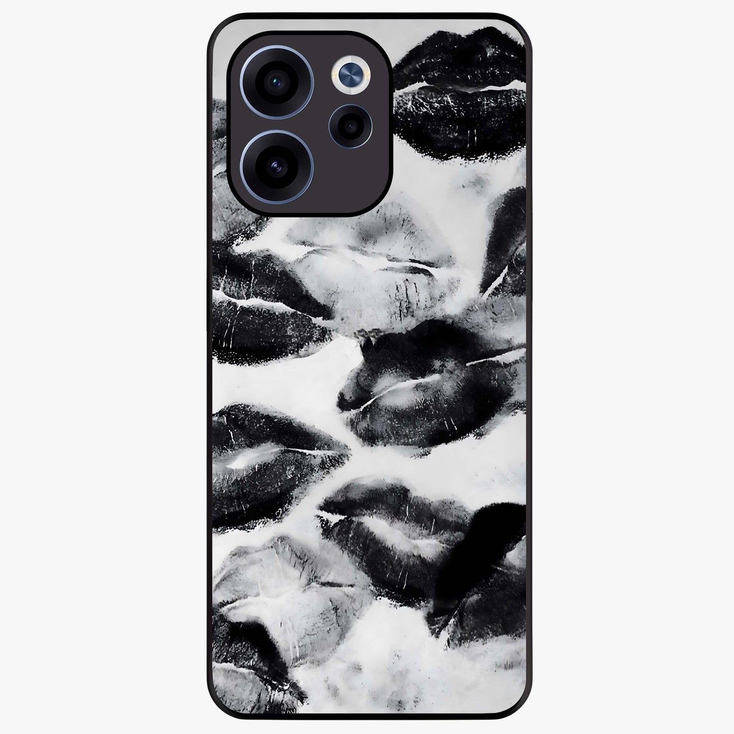 Midnight Kiss Marks Glass Case showing flat back view with lipstick kiss mark artwork and glossy glass finish.
