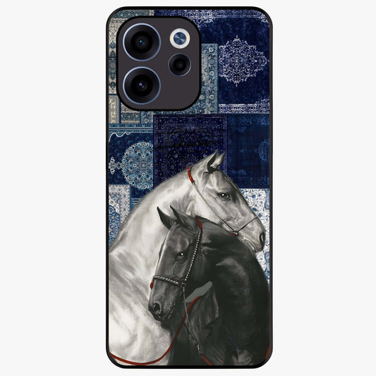 Midnight Stallion Blues Glass Case showing flat back view with majestic horse artwork and glossy glass finish.