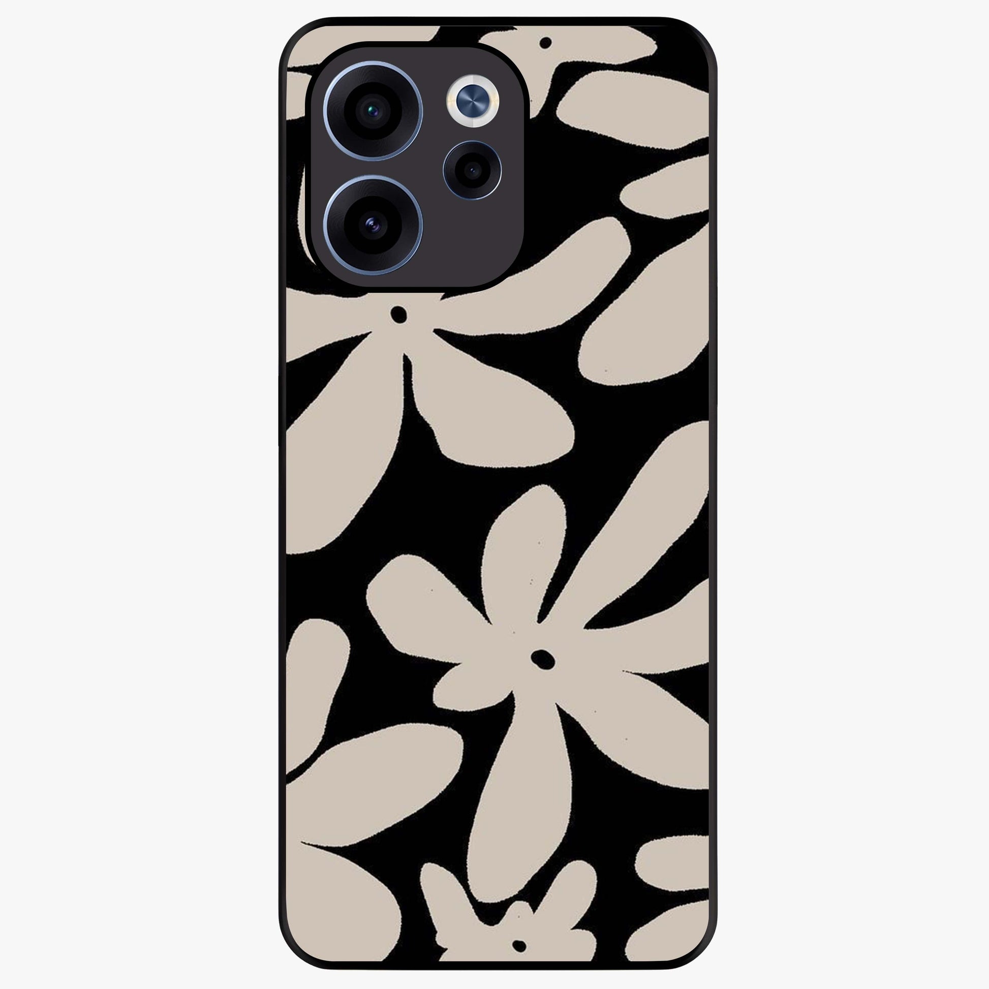 Monochrome Petal Dance Glass Case showing flat back view with monochrome floral artwork and glossy glass finish.