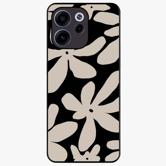 Monochrome Petal Dance Glass Case showing flat back view with monochrome floral artwork and glossy glass finish.