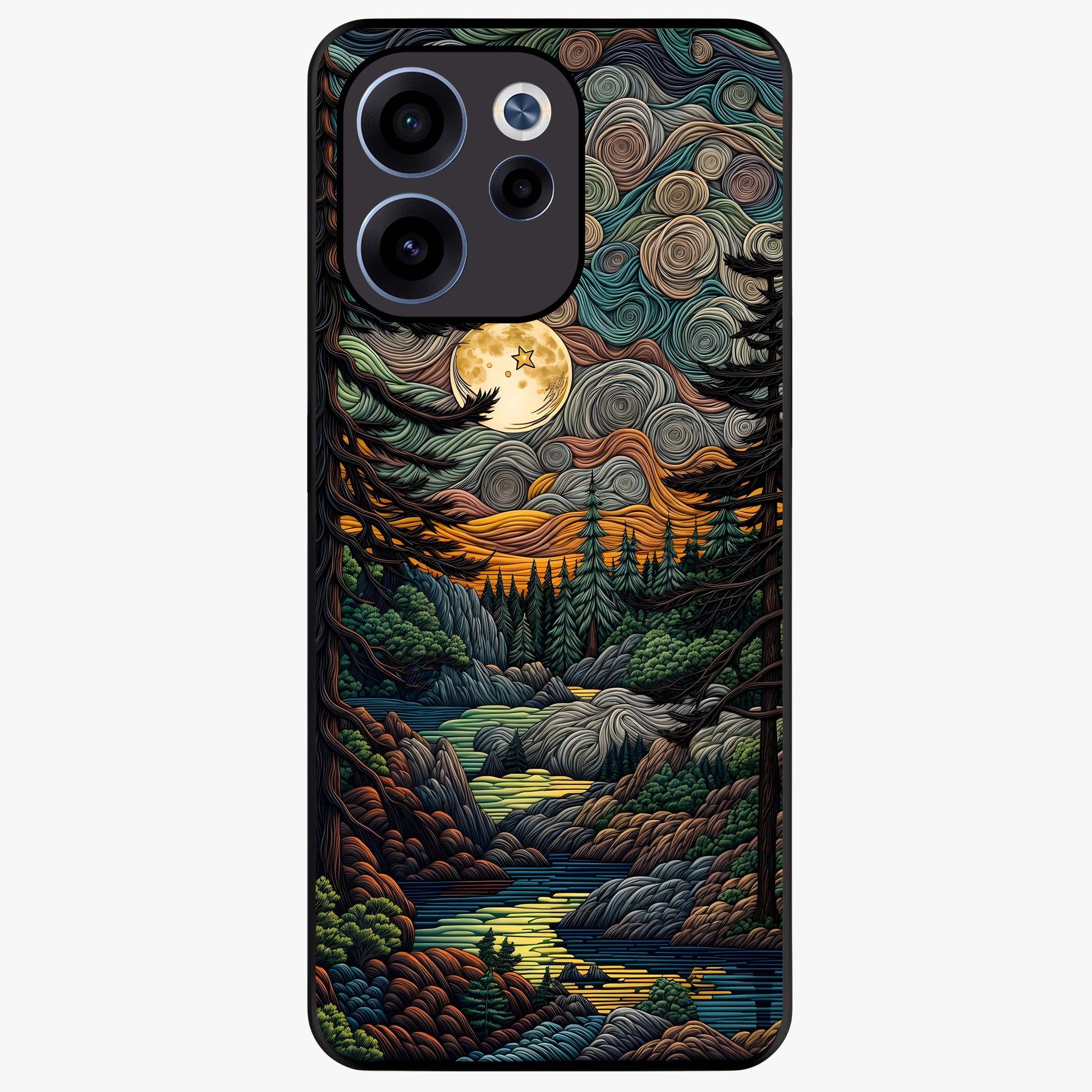 Moonlight Forest Dream Glass Case showing flat back view with mystical forest moonlight artwork and glossy glass finish.