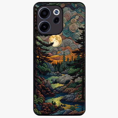 Moonlight Forest Dream Glass Case showing flat back view with mystical forest moonlight artwork and glossy glass finish.