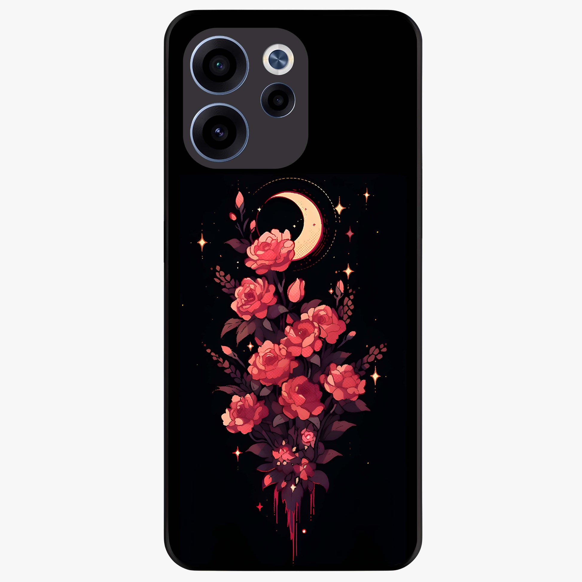 Moonlit Floral Elegance Glass Case showing flat back view with elegant floral artwork under moonlit tones and glossy glass finish.