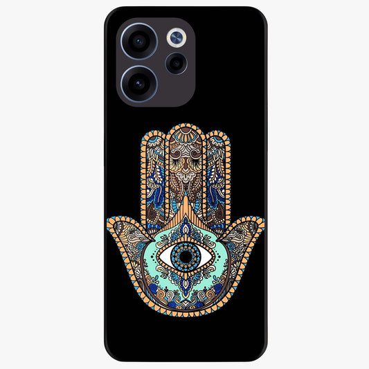 Mystic Hamsa Eye Glass Case showing flat back view with protective hamsa hand and evil eye artwork and glossy glass finish.
