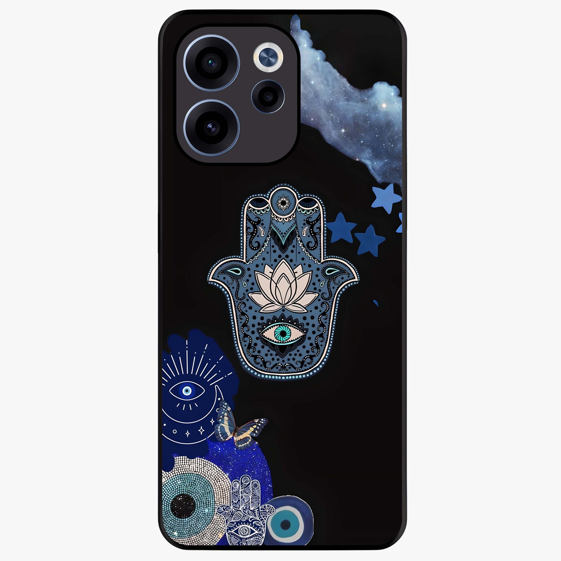 Mystic Hand Aura Glass Case showing flat back view with mystical hand symbol artwork and glossy glass finish.