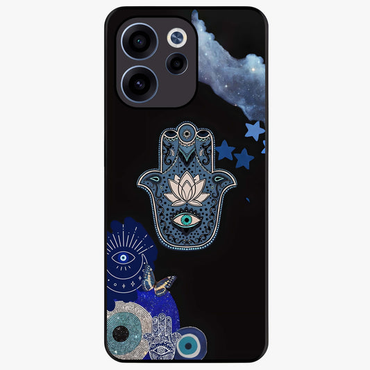 Mystic Hand Aura Glass Case showing flat back view with mystical hand symbol artwork and glossy glass finish.