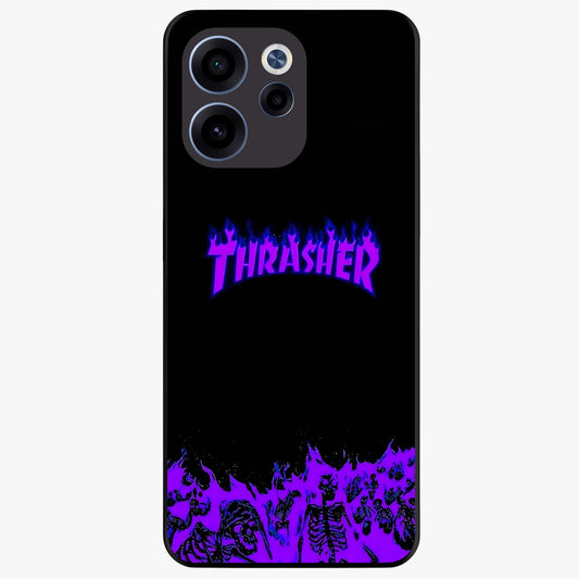 Neon Flame Riot Glass Case showing flat back view with neon flame artwork and glossy glass finish.