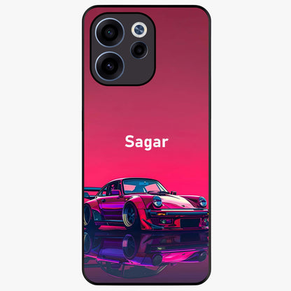 Neon Pink Porsche Glass Case showing flat back view with stylish sports car artwork and glossy glass finish.