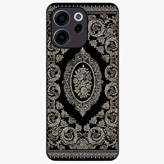 Noir Bloom Elegance Glass Case showing flat back view with elegant dark floral artwork and glossy glass finish.