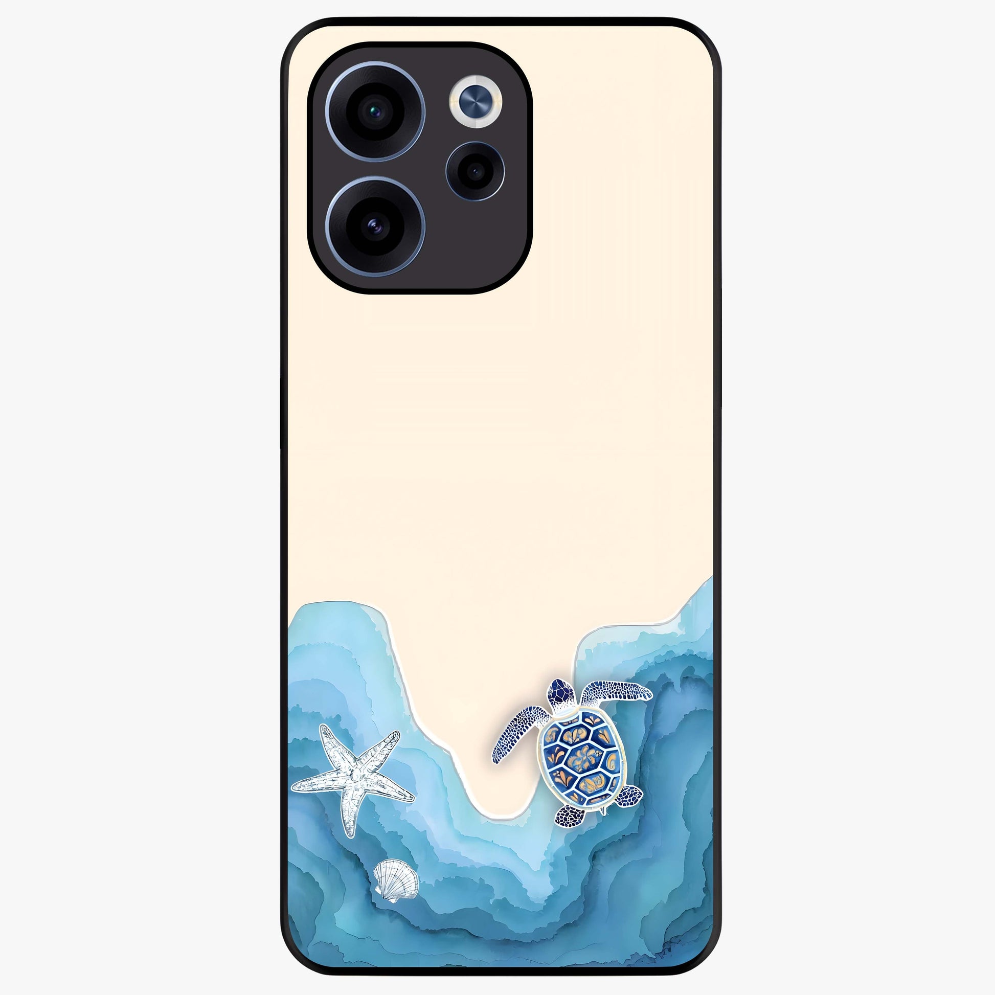 Ocean Drift Turtle Glass Case showing flat back view with sea turtle artwork and glossy glass finish.