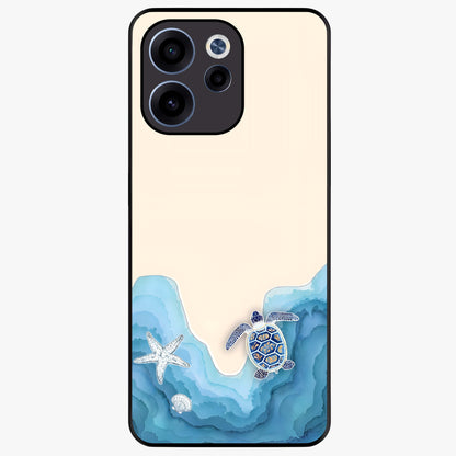 Ocean Drift Turtle Glass Case showing flat back view with sea turtle artwork and glossy glass finish.