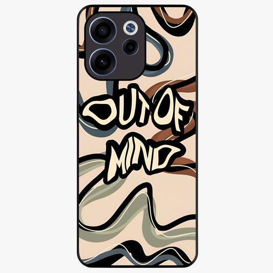 Out Of Mind Glass Case showing flat back view with expressive typography artwork and glossy glass finish.