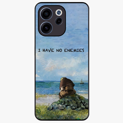 Peace Beyond War Glass Case showing flat back view with symbolic peace themed artwork and glossy glass finish.