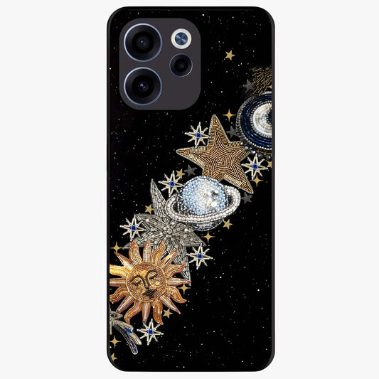 Pearls Universe Object Glass Case showing flat back view with pearl inspired cosmic artwork and glossy glass finish.