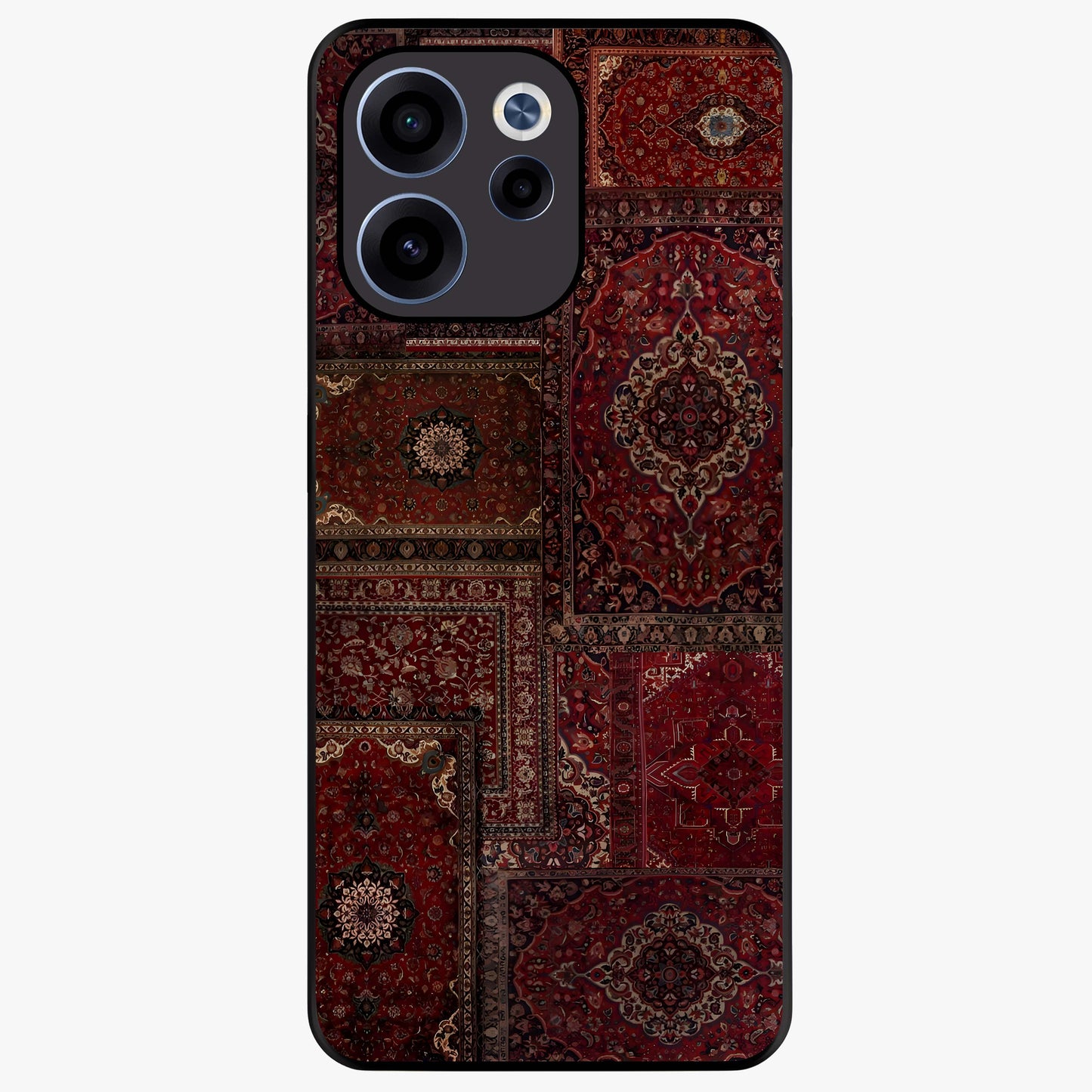 Persian Velvet Tale Glass Case showing flat back view with luxurious Persian velvet pattern artwork and glossy glass finish.