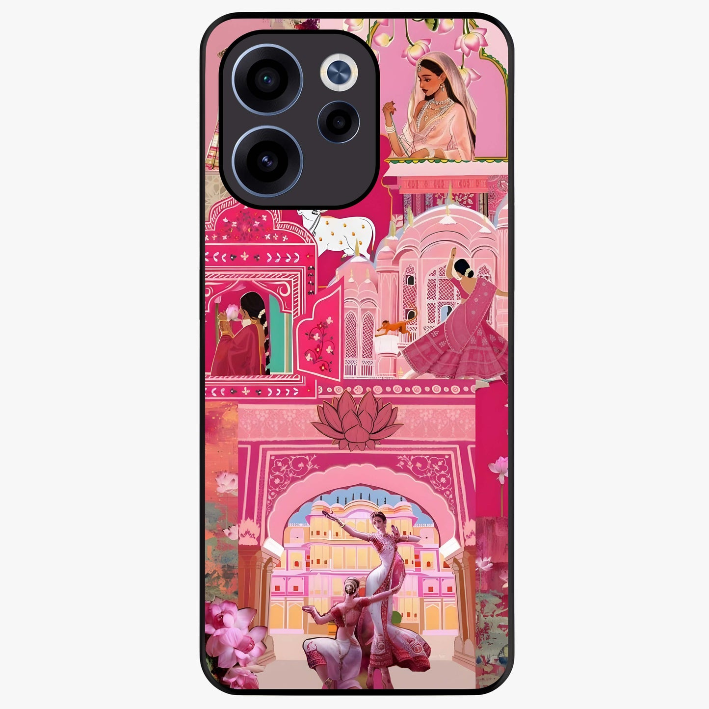 Pink Palace Muse Glass Case showing flat back view with elegant palace inspired artwork and glossy glass finish.