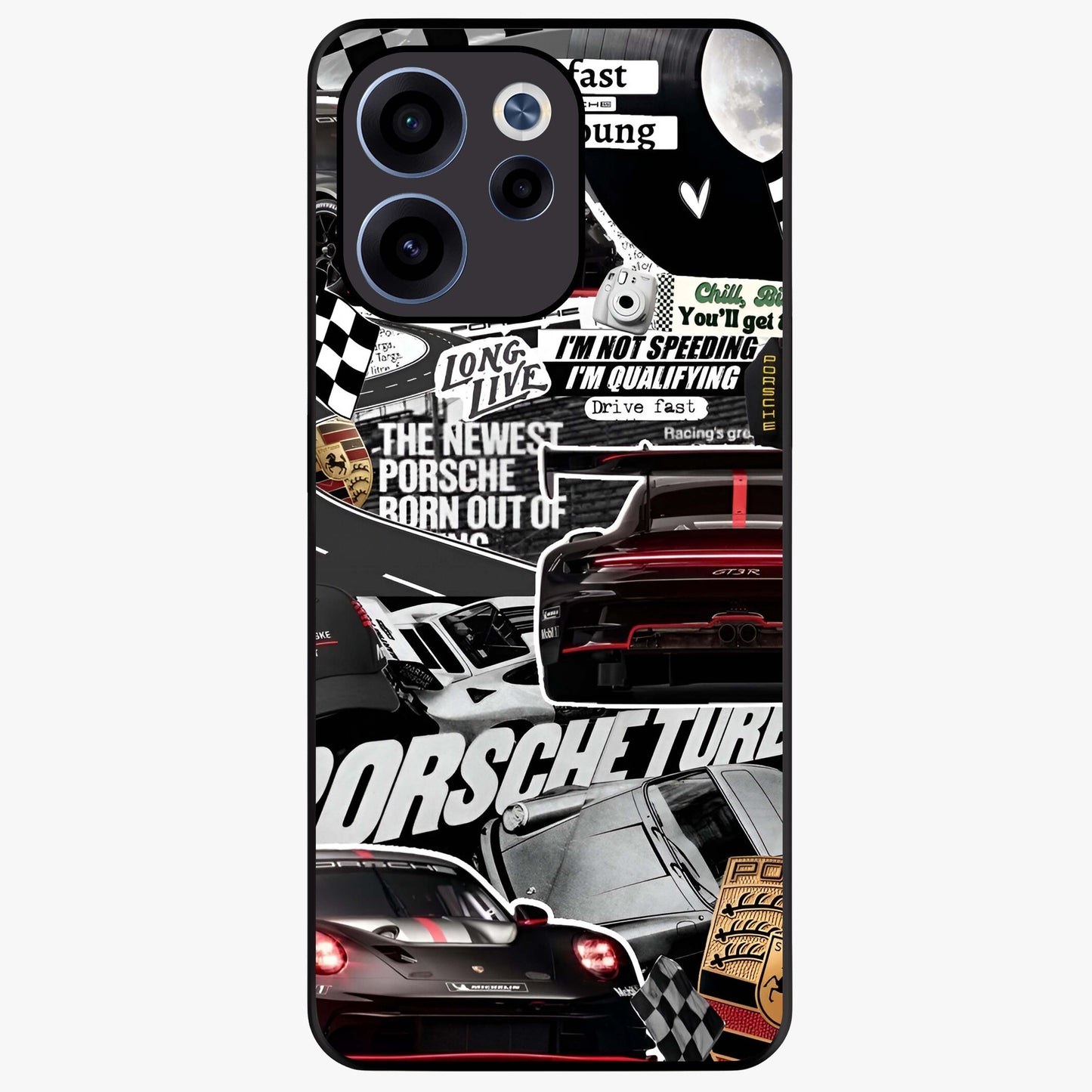 Porsche Racing Collage Glass Case showing flat back view with sports car racing collage artwork and glossy glass finish.