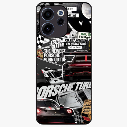 Porsche Racing Collage Glass Case showing flat back view with sports car racing collage artwork and glossy glass finish.