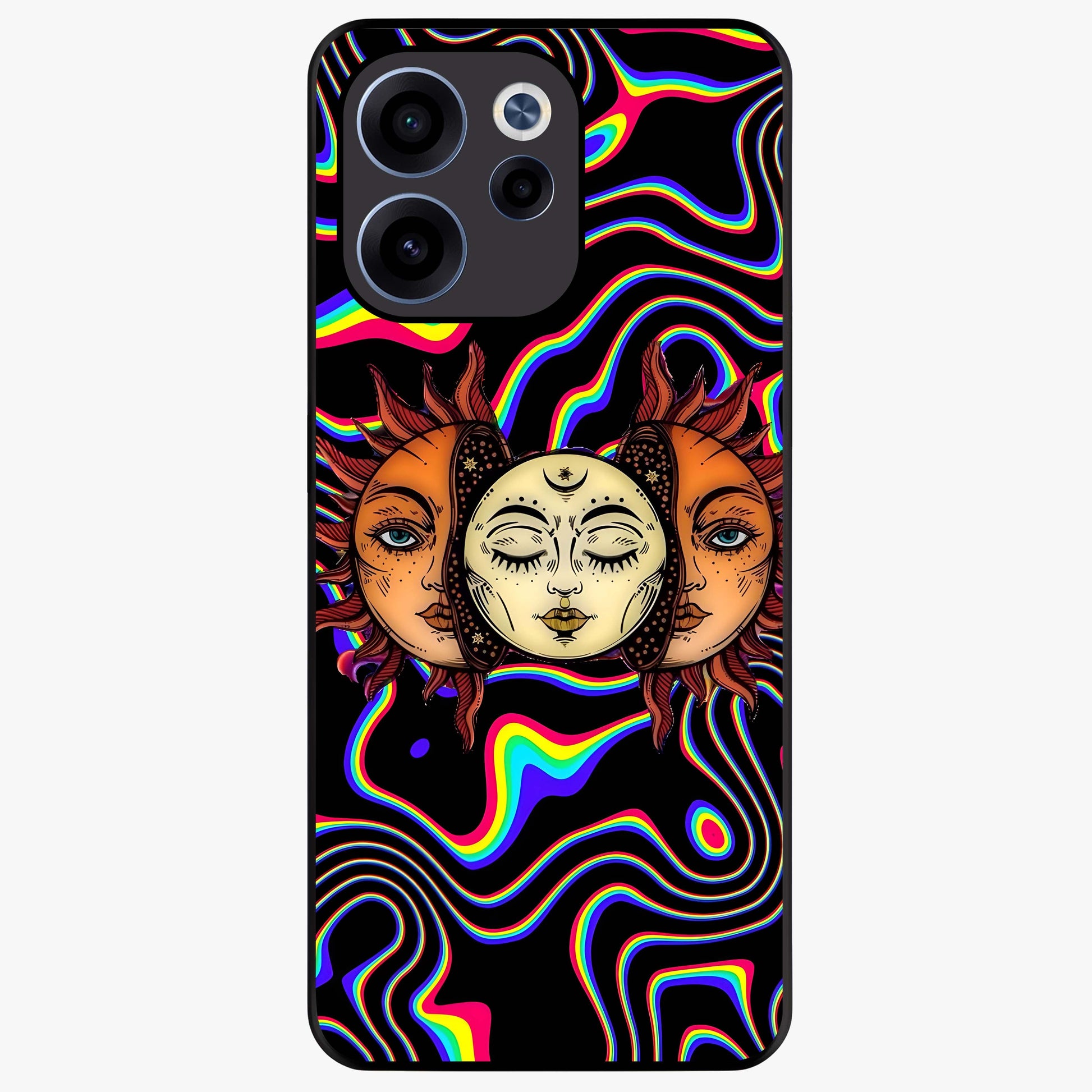Psychedelic Sun Glass Case showing flat back view with colorful psychedelic sun artwork and glossy glass finish.