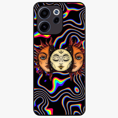 Psychedelic Sun Glass Case showing flat back view with colorful psychedelic sun artwork and glossy glass finish.