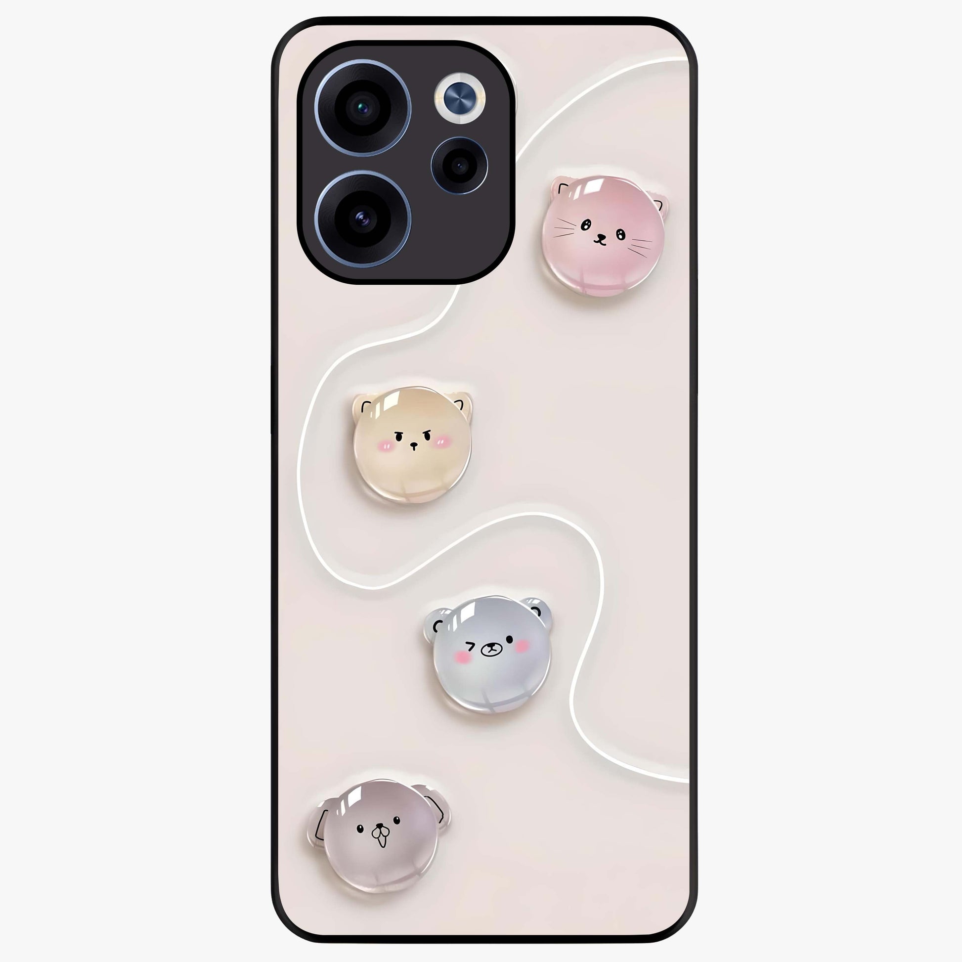 Puffy Face Parade Glass Case showing flat back view with cute puffy character faces artwork and glossy glass finish.