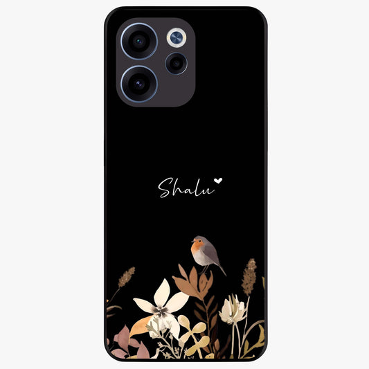 Quiet Garden Tune Custom Name Glass Case showing flat back view with peaceful garden artwork and personalized name design.