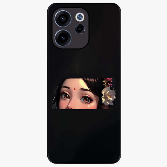 Radha Divine Embrace Glass Case showing flat back view with devotional Radha artwork and glossy glass finish.