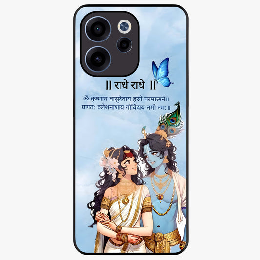 Radha Krishna Eternal Glass Case showing flat back view with Radha Krishna devotional artwork and glossy glass finish.