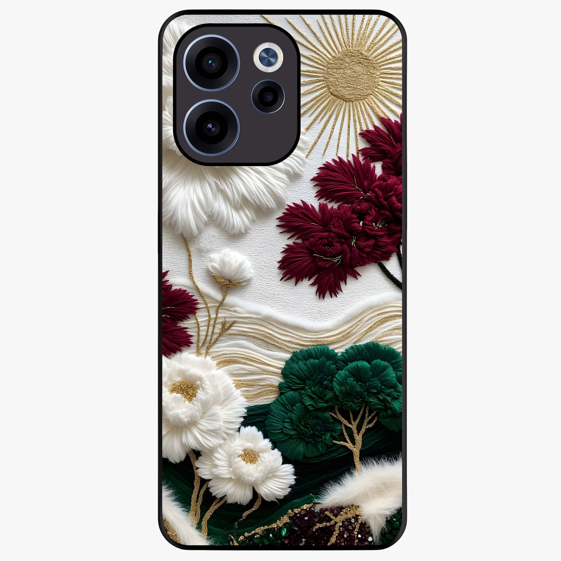 Radiant Bloom Elegance Glass Case showing flat back view with elegant blooming flower artwork and glossy glass finish.