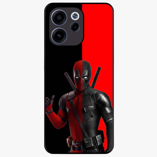 Red & Black Deadpool Theme Glass Case showing flat back view with bold comic inspired artwork and glossy glass finish.