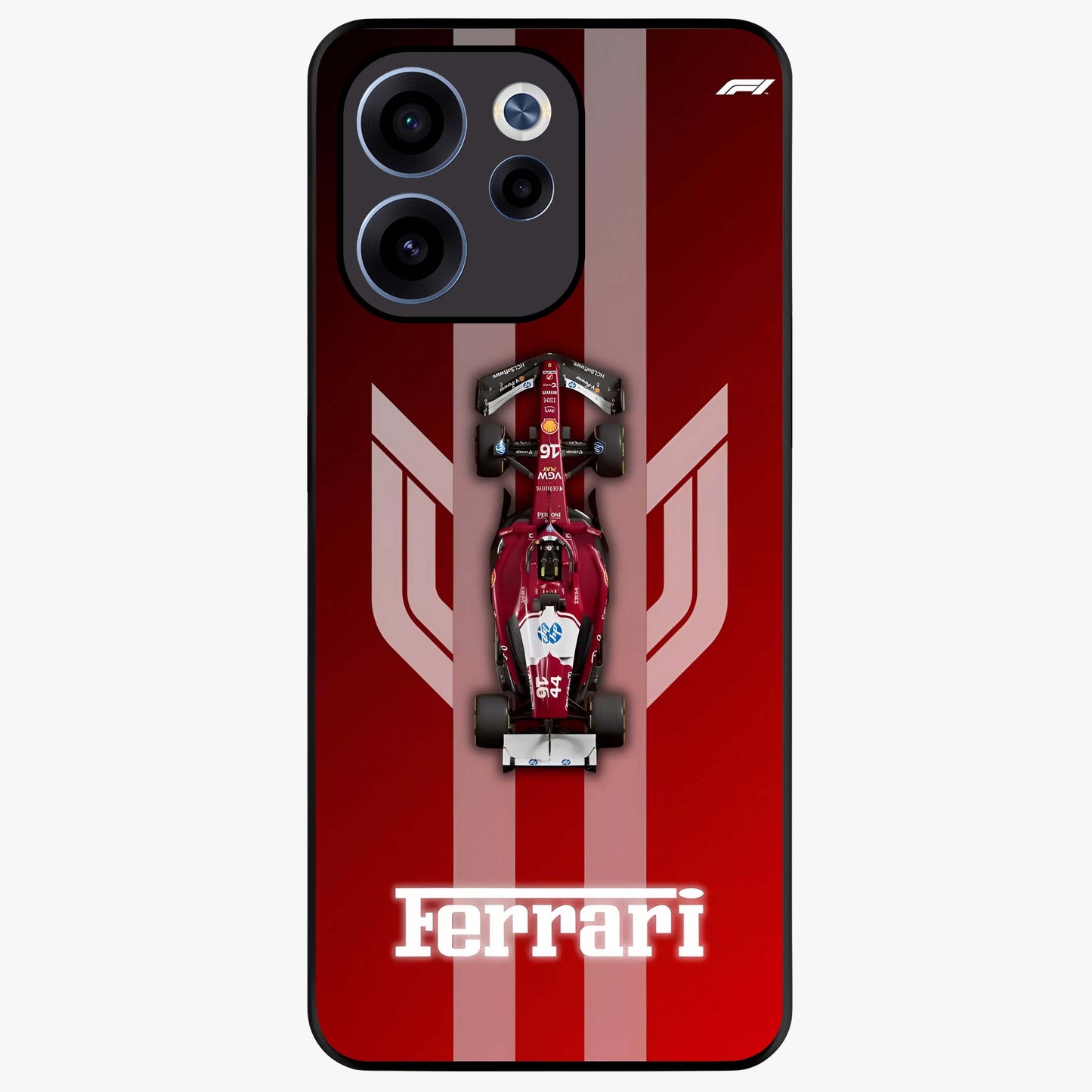 Red Ferrari F1 Vertical Glass Case showing flat back view with sleek Formula racing car artwork and glossy glass finish.